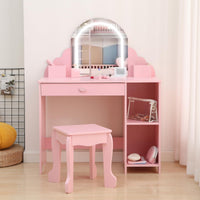 Tavolo da toeletta per bambini Garvee con luce LED e sgabello, regolabile, MDF, spazio di archiviazione, rosa, per bambine dai 3 ai 9 anni, sala giochi e camera da letto
