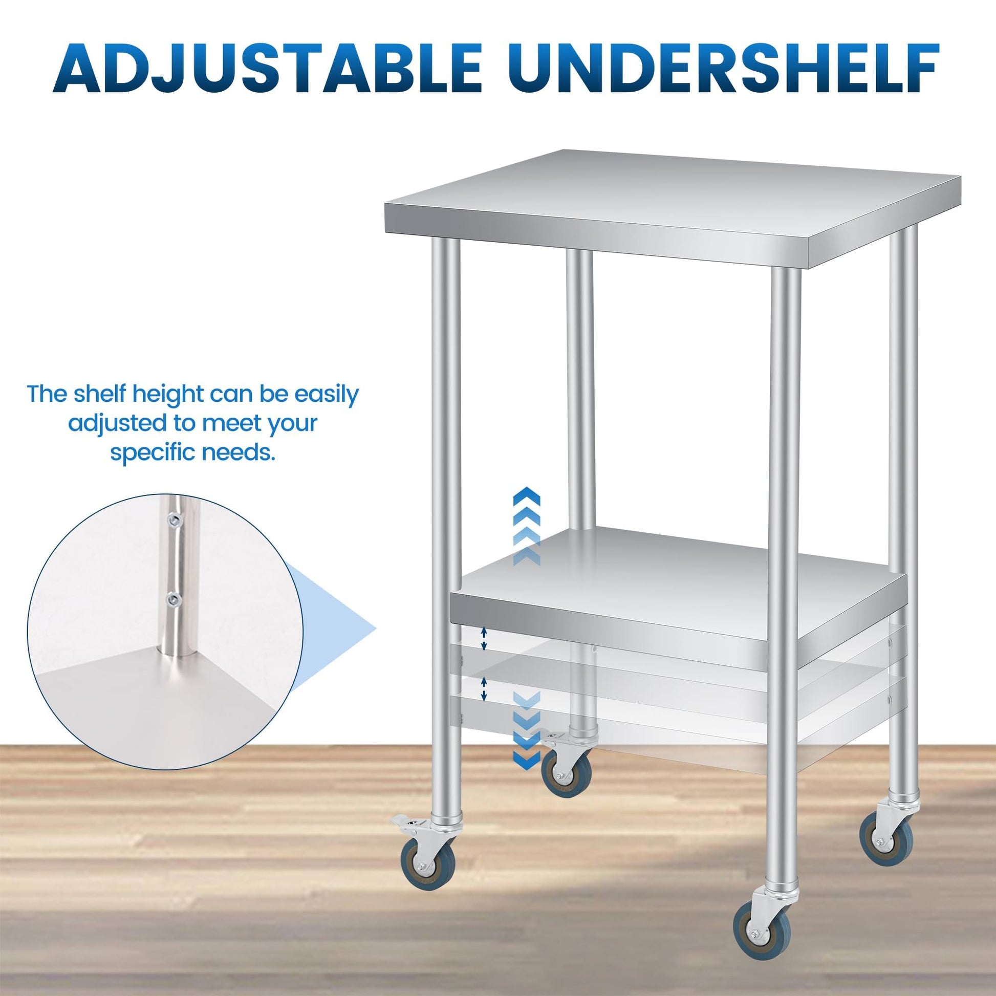 Tavolo da lavoro in acciaio inox Garvee 24x18 pollici con ripiano inferiore regolabile e 4 ruote per catering e uso esterno, robusto, antiruggine