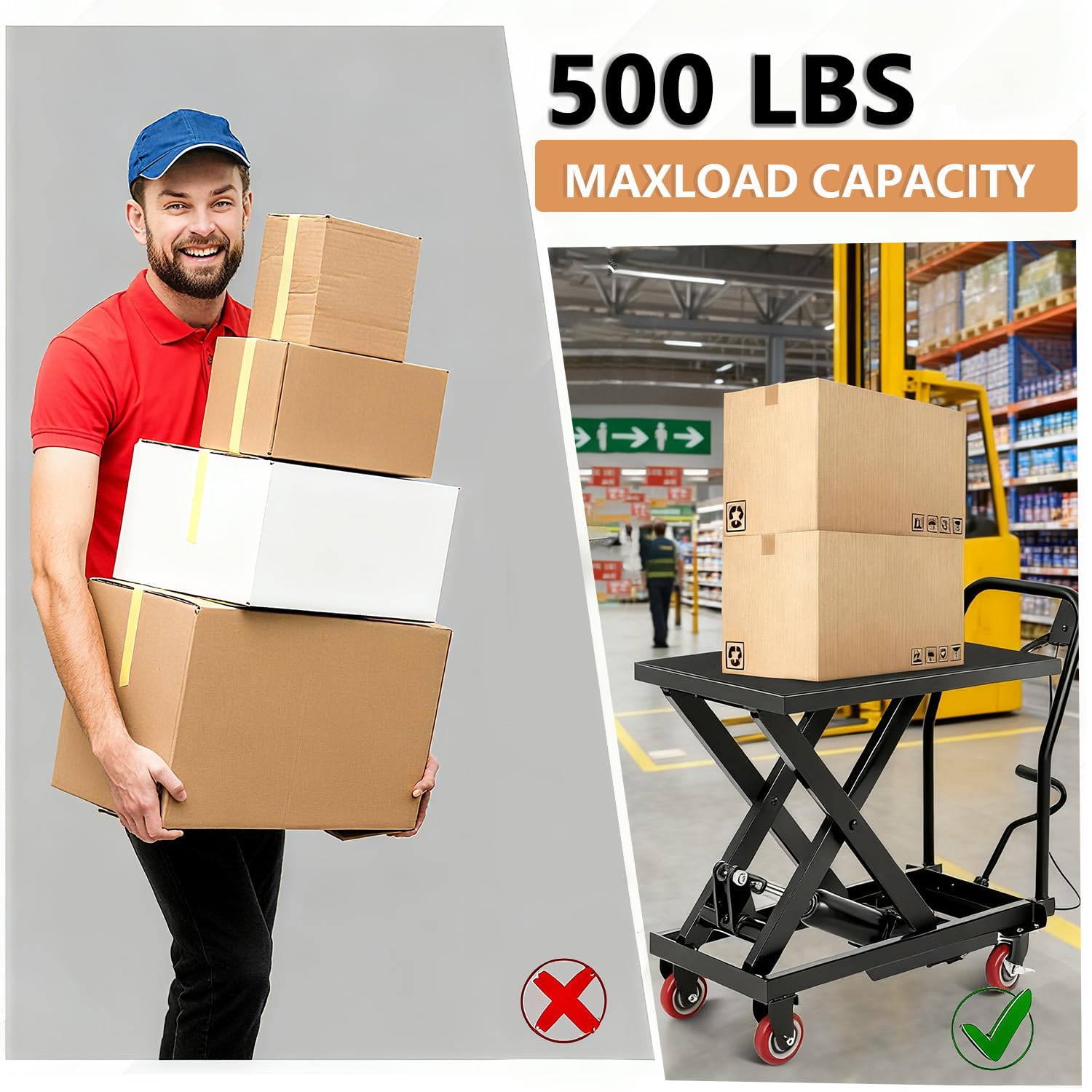 Tavolo elevatore Garvee da 28,4 pollici – Regolazione manuale dell'altezza, capacità di carico di 500 libbre, dimensioni 28" x 18", nero e giallo per officine e magazzini.