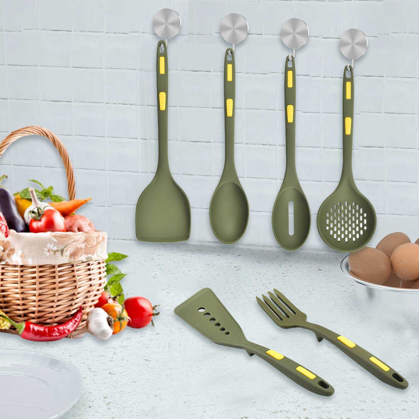 Set di utensili da cucina in silicone Garvee da 6 pezzi con anima in acciaio inossidabile per cucinare e cuocere al forno, resistenti al calore, lavabili in lavastoviglie, antiaderenti