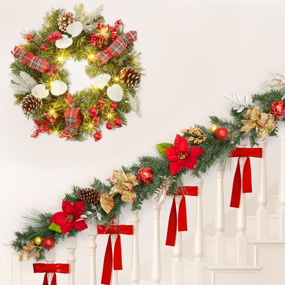 Ghirlanda natalizia GARVEE da 45 cm con 15 luci LED, pigne e bacche per la decorazione di porte e finestre, materiali naturali, stile festoso del bosco
