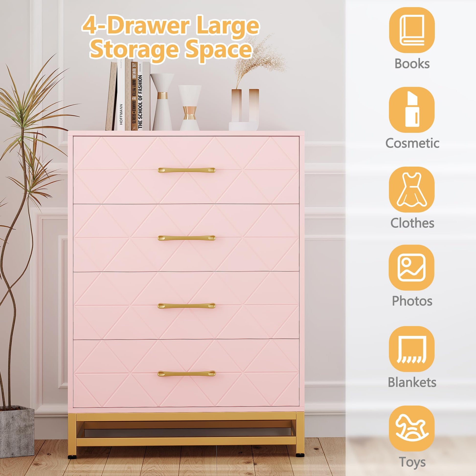 Cassettiera per camera da letto Garvee con 4 cassetti, maniglie in metallo, rosa, legno, viola in metallo robuste, salvaspazio, per soggiorno e ufficio