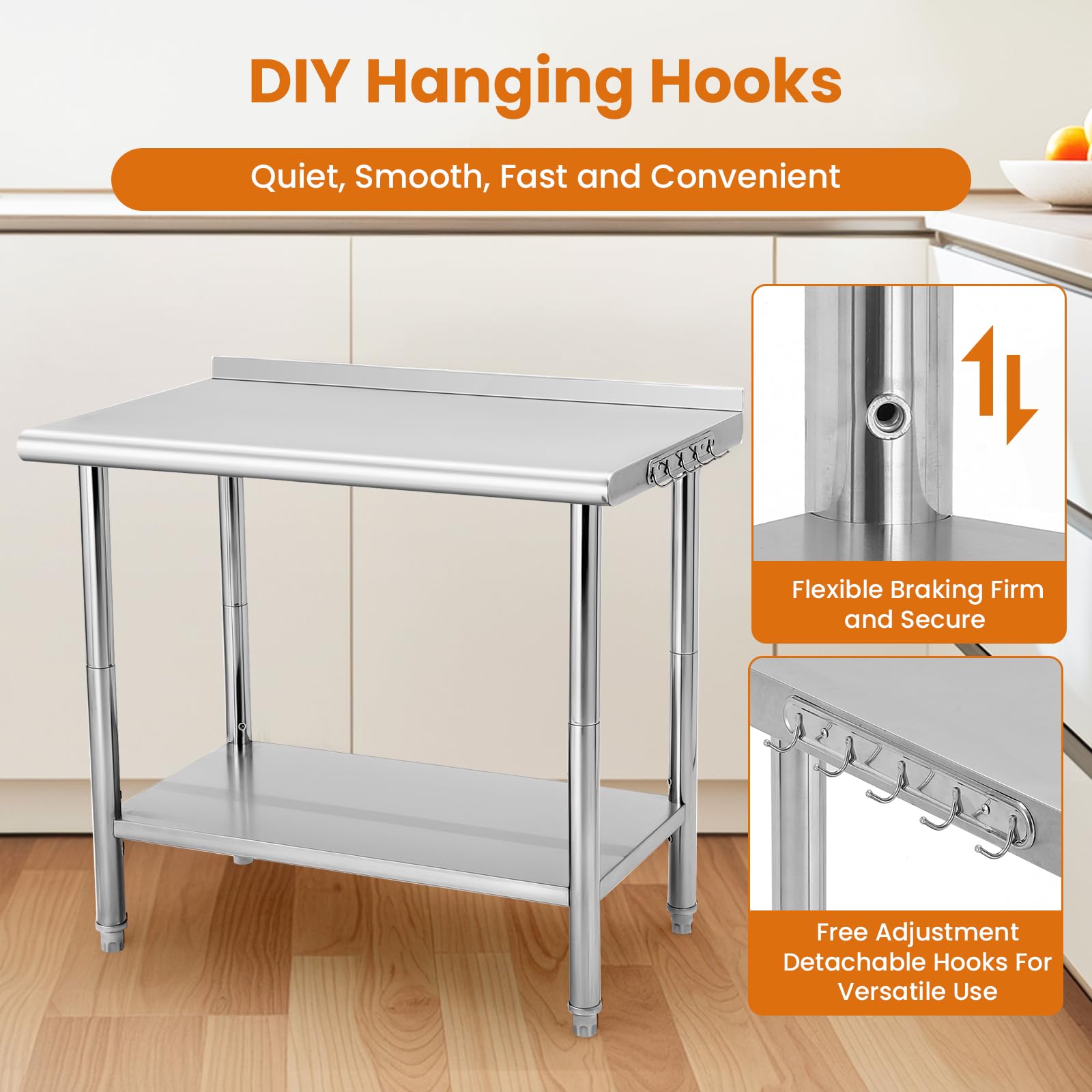 Tavolo da lavoro in acciaio inossidabile Garvee 36 x 24 x 35 pollici - Banco da lavoro professionale resistente con ganci e regolazione dell'altezza per cucina, officina o spazio commerciale