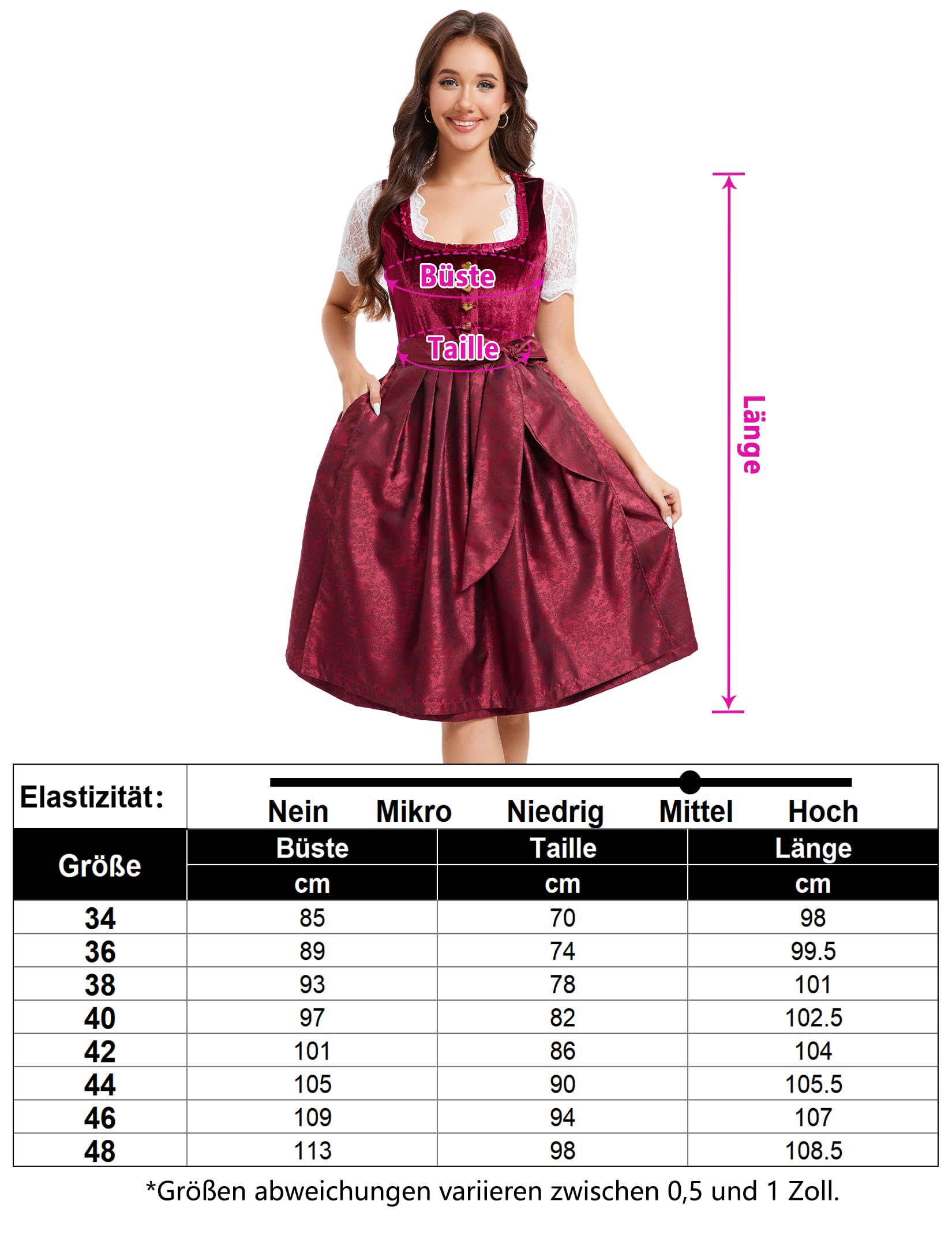 Garvee Dirndl Abito tradizionale da donna in velluto midi, Dirndl, vestito Oktoberfest, rosso vino, taglia 34