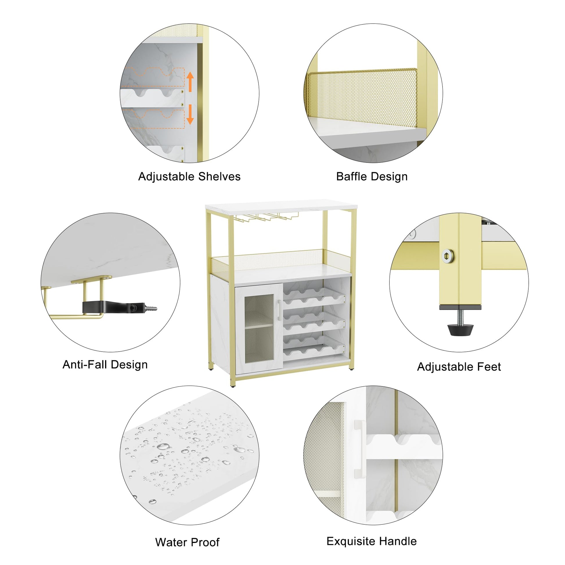 Mobile bar portabottiglie Garvee con portabottiglie rimovibile, portabicchieri, MDF e ferro, oro, per soggiorno e bar, 27,2"L x 13,8"P x 36,2"A