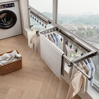 Stendibiancheria pieghevole da parete Garvee, in acciaio inox, salvaspazio, per balcone e terrazza, lunghezza telescopica 103,2–151,2 cm, grigio