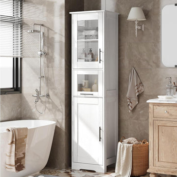 Garvee Mobiletto Bagno Alto Stretto 67in, Vetro, Ripiani Regolabili, MDF, Design Moderno, Antiribaltamento, Bianco, Spazi Ristretti
