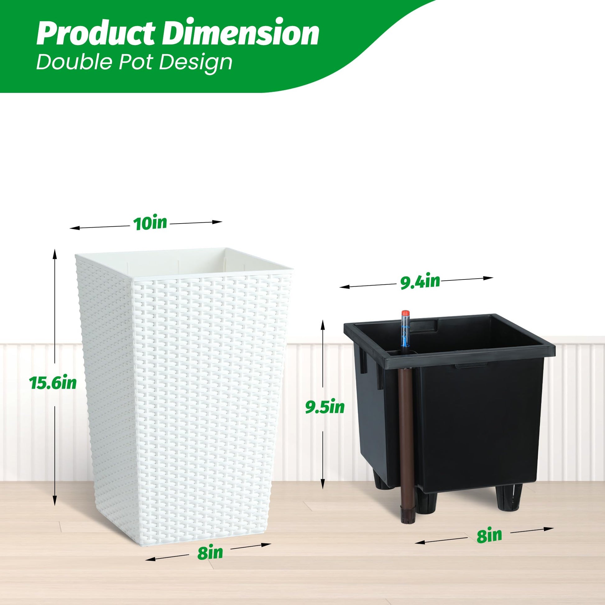 Set di fioriere in rattan Garvee da 16 pollici con indicatore del livello dell'acqua e ruote per patio e soggiorno, bianco, resistente alle intemperie