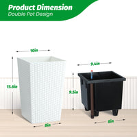 Set di fioriere in rattan Garvee da 16 pollici con indicatore del livello dell'acqua e ruote per patio e soggiorno, bianco, resistente alle intemperie