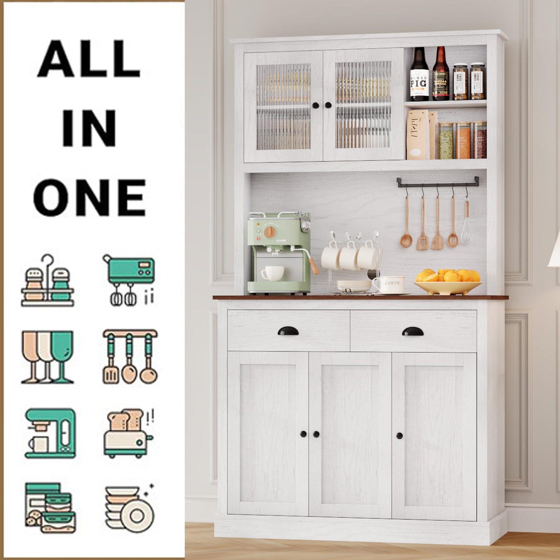Mobile da cucina Garvee con cassetti e ripiani regolabili, dispensa alta 180 cm per cucina e sala da pranzo, materiale in truciolato ad alta densità, bianco