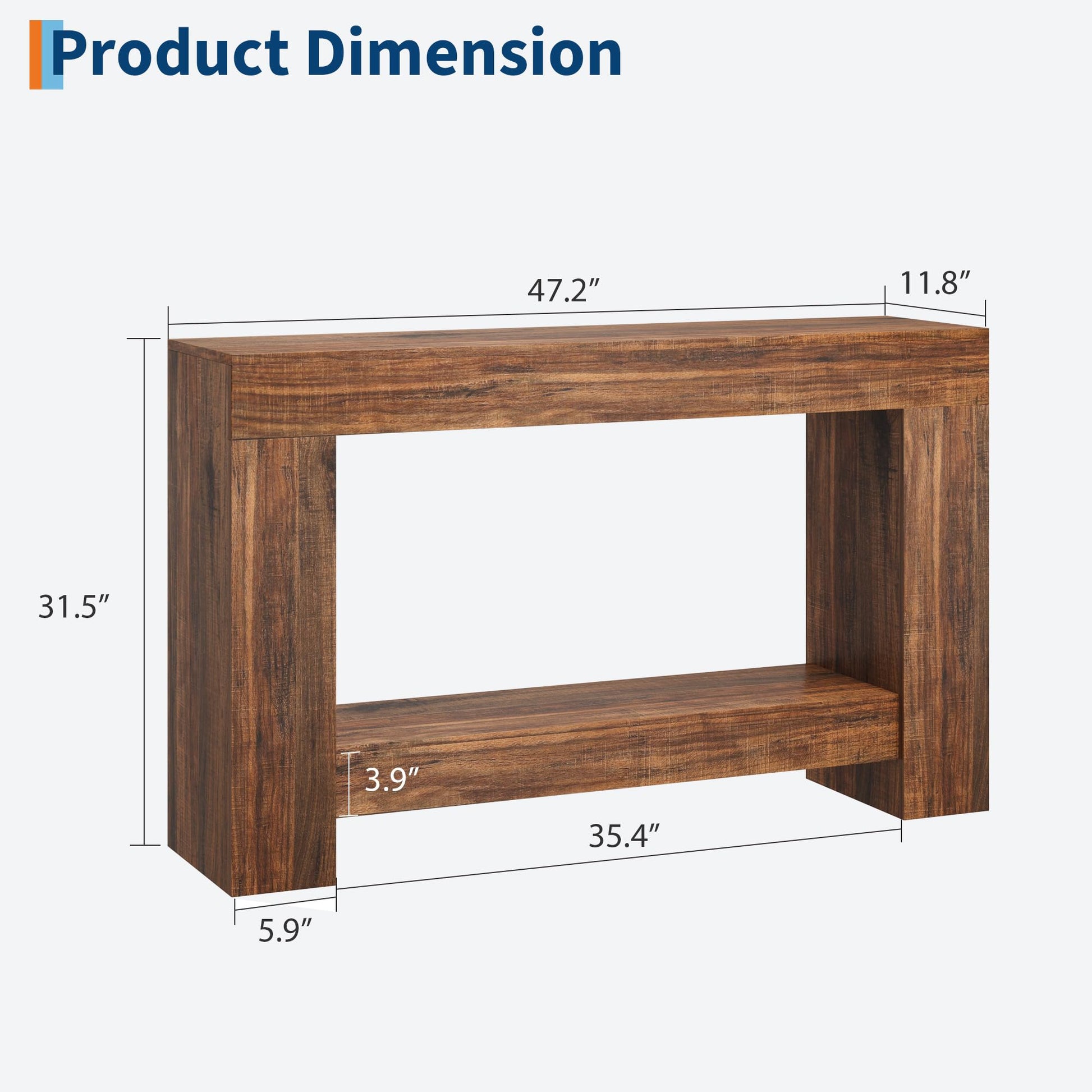 Tavolo consolle Garvee da 47" per corridoio con 2 ripiani, base in legno robusto, stile country, soggiorno e ingresso, marrone