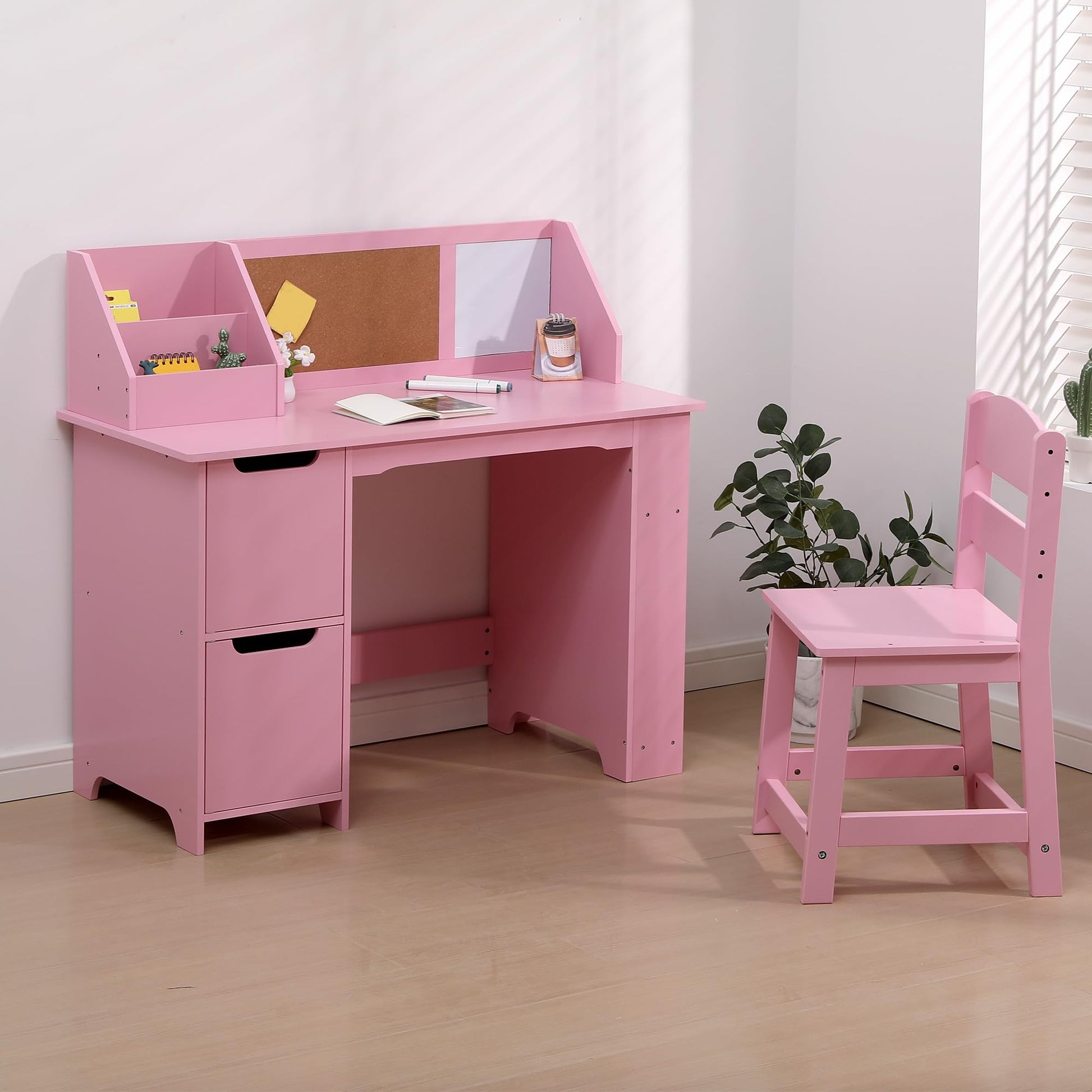 Set scrivania e sedia per bambini Garvee, in legno con contenitore, rosa, per casa e scuola, ergonomico e robusto