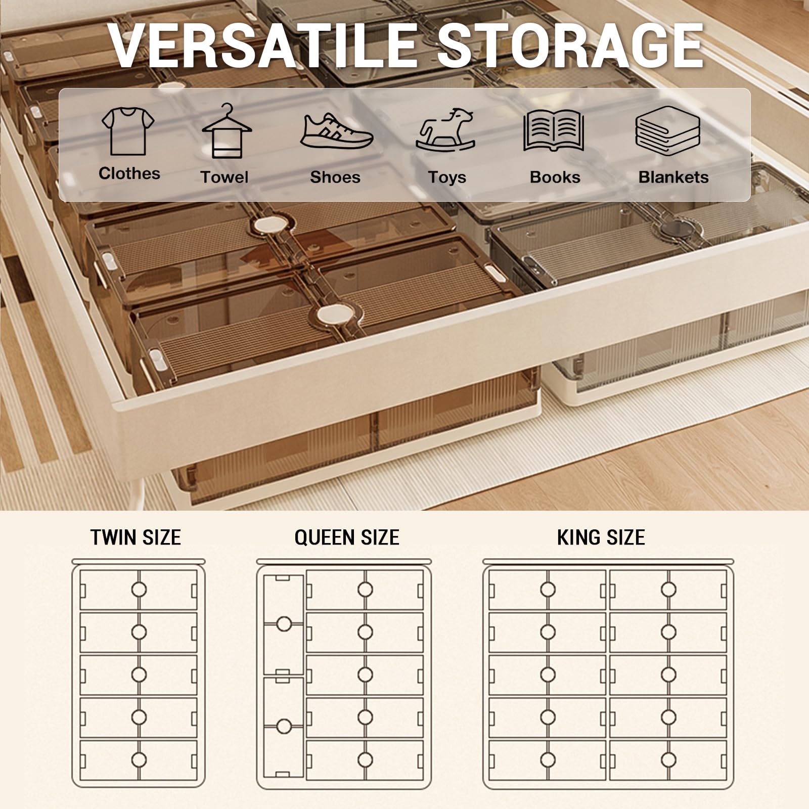 Contenitori portaoggetti sottoletto in plastica trasparente Garvee con coperchi e ruote per camere da letto e piccoli spazi, pieghevoli, impilabili, antipolvere