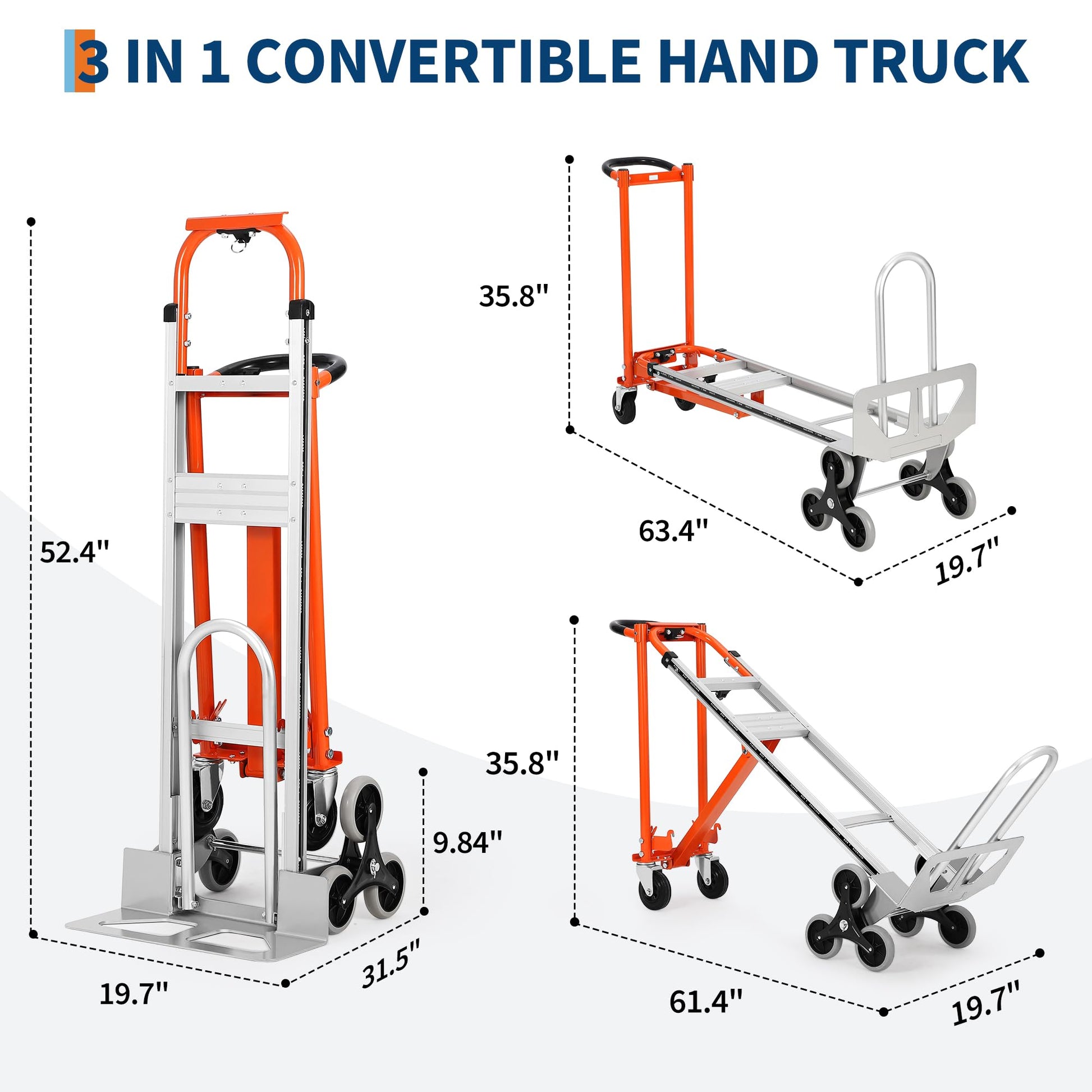 Carrello pieghevole Garvee 3 in 1 con capacità di 770 libbre, pneumatici da 10", lega di alluminio, cinghie elastiche per casa e magazzino, robusto e versatile