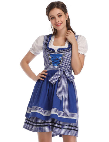 Garvee Costume tradizionale Dirndl Oktoberfest da donna, 3 pezzi, unico, gonna midi, abito, camicetta, grembiule, a quadri, blu, taglia M