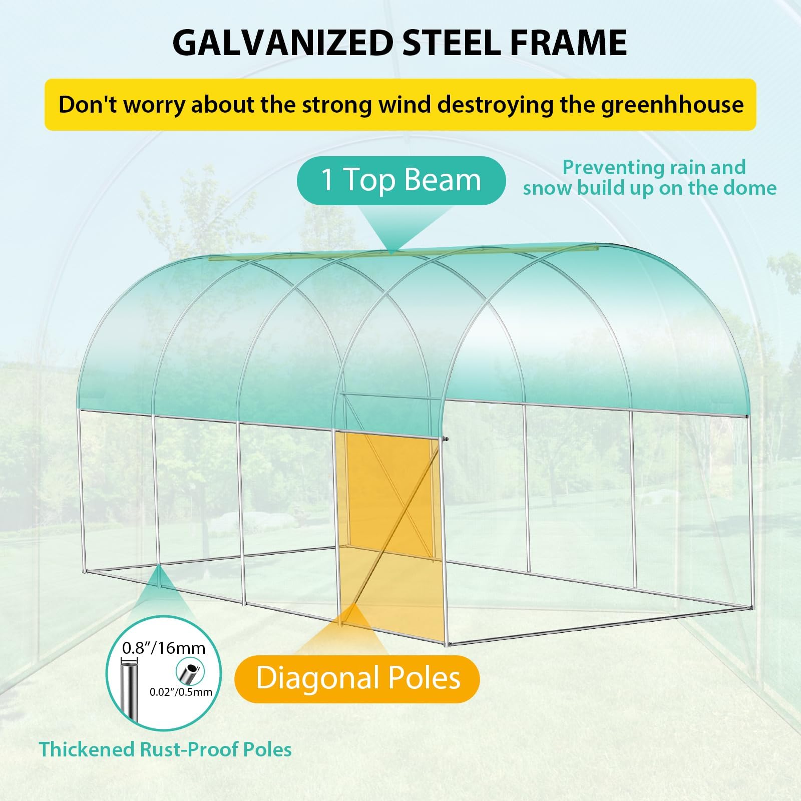 Serra a tunnel Garvee da 7x15x7 piedi con tubo zincato, porta avvolgibile completamente apribile, 8 finestre a rete, ampia base per giardino esterno verde