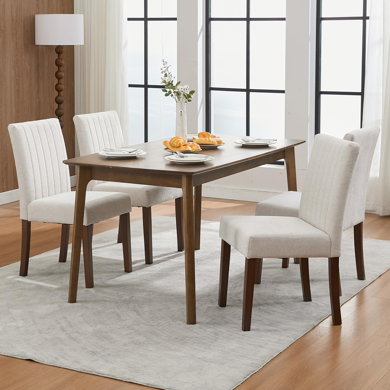 Sedie da pranzo Garvee Parsons con bottoni, set di 2, imbottite, ergonomiche, in tessuto di lino, gambe in legno di caucciù, strisce beige, per cucina e soggiorno