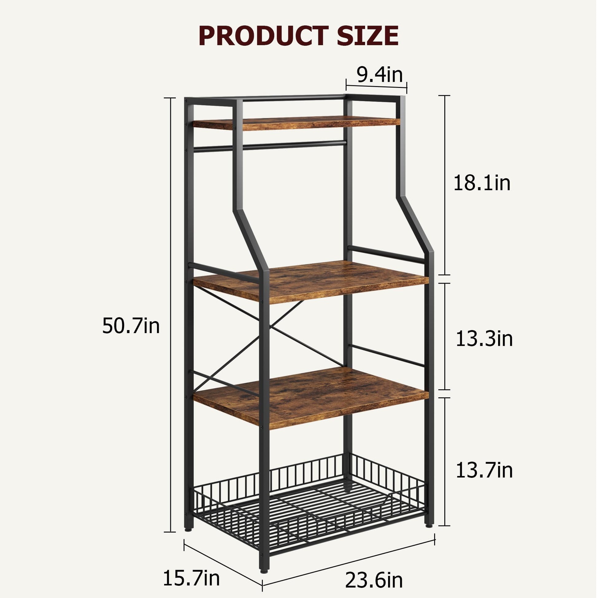 Garvee Kitchen Baker's Rack con supporto per microonde, grande cestello in filo metallico, 4 ripiani, robusto MDF e acciaio, 8 ganci, marrone rustico, per cucina e bar