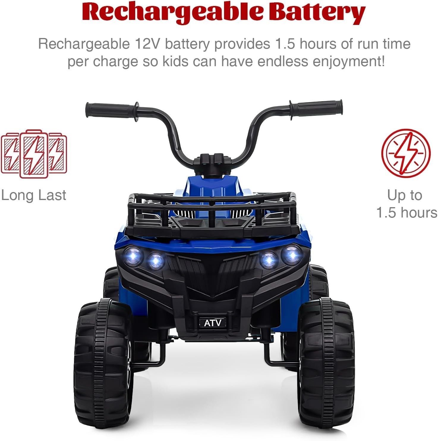 Quad elettrico Garvee 12V per bambini dai 2 ai 5 anni, auto giocattolo elettrica ATV con luci a LED, musica e design antiurto, giocattolo robusto per esterni, controllo sicuro della velocità