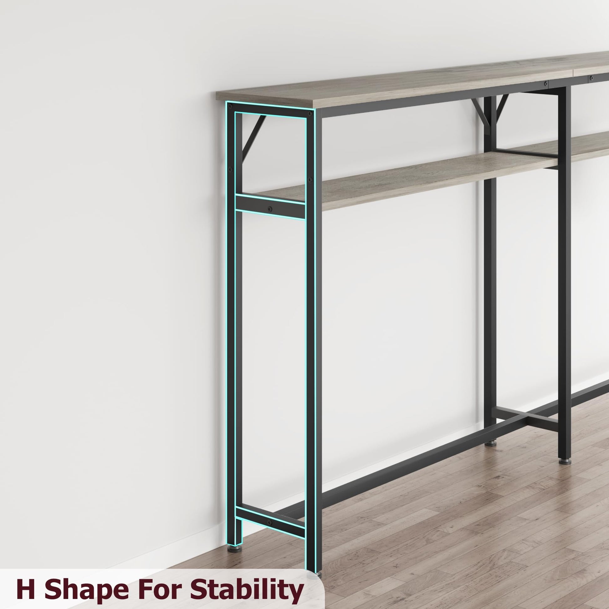 GARVEE Tavolo consolle stretto 180x23x100 cm, 2 ripiani, spazio di archiviazione, legno, extra lungo, grigio, per corridoio e soggiorno