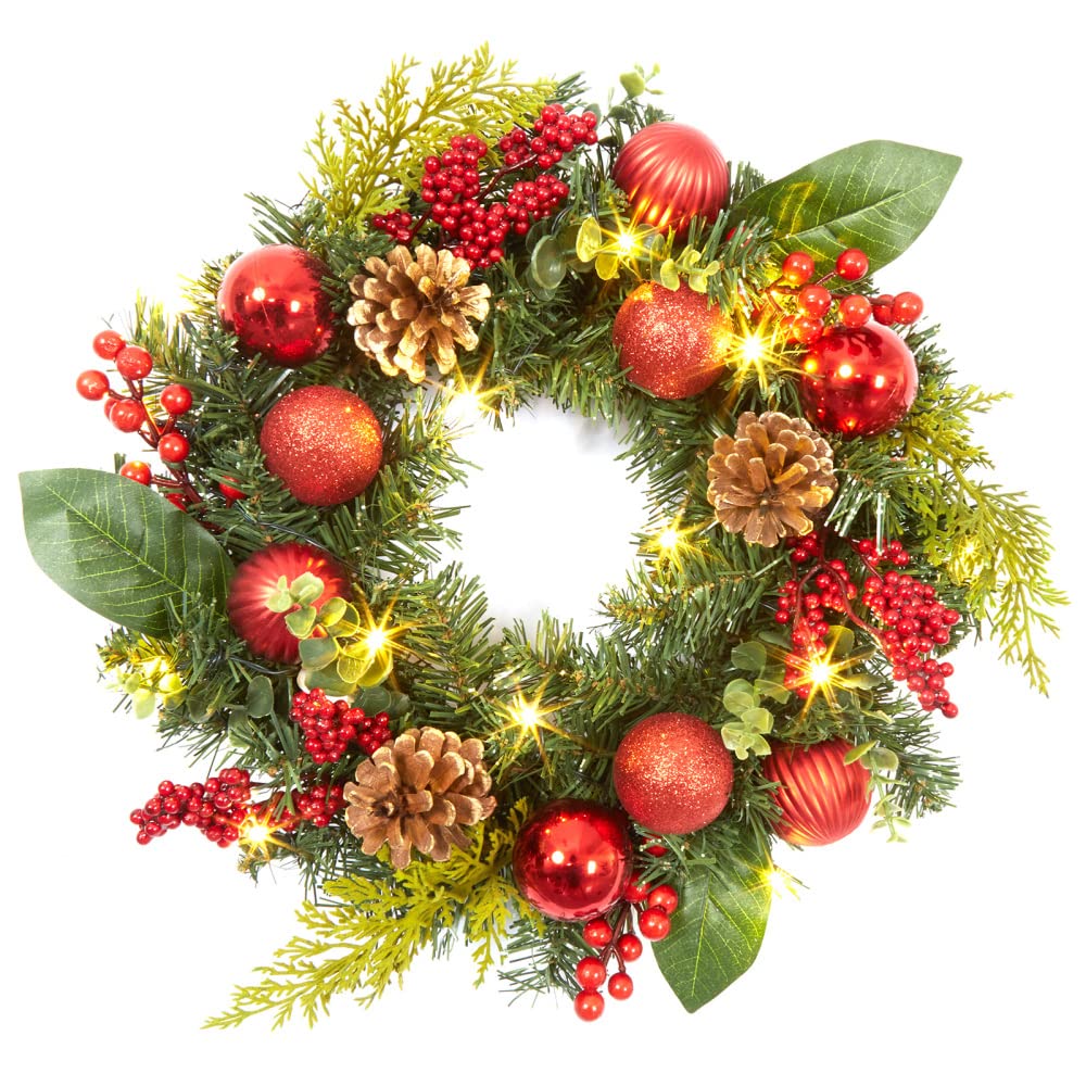 Ghirlanda natalizia Garvee con luci, 18 pollici, palline di Natale rosse e coni dorati, PVC e metallo, per porta e camino, riutilizzabile