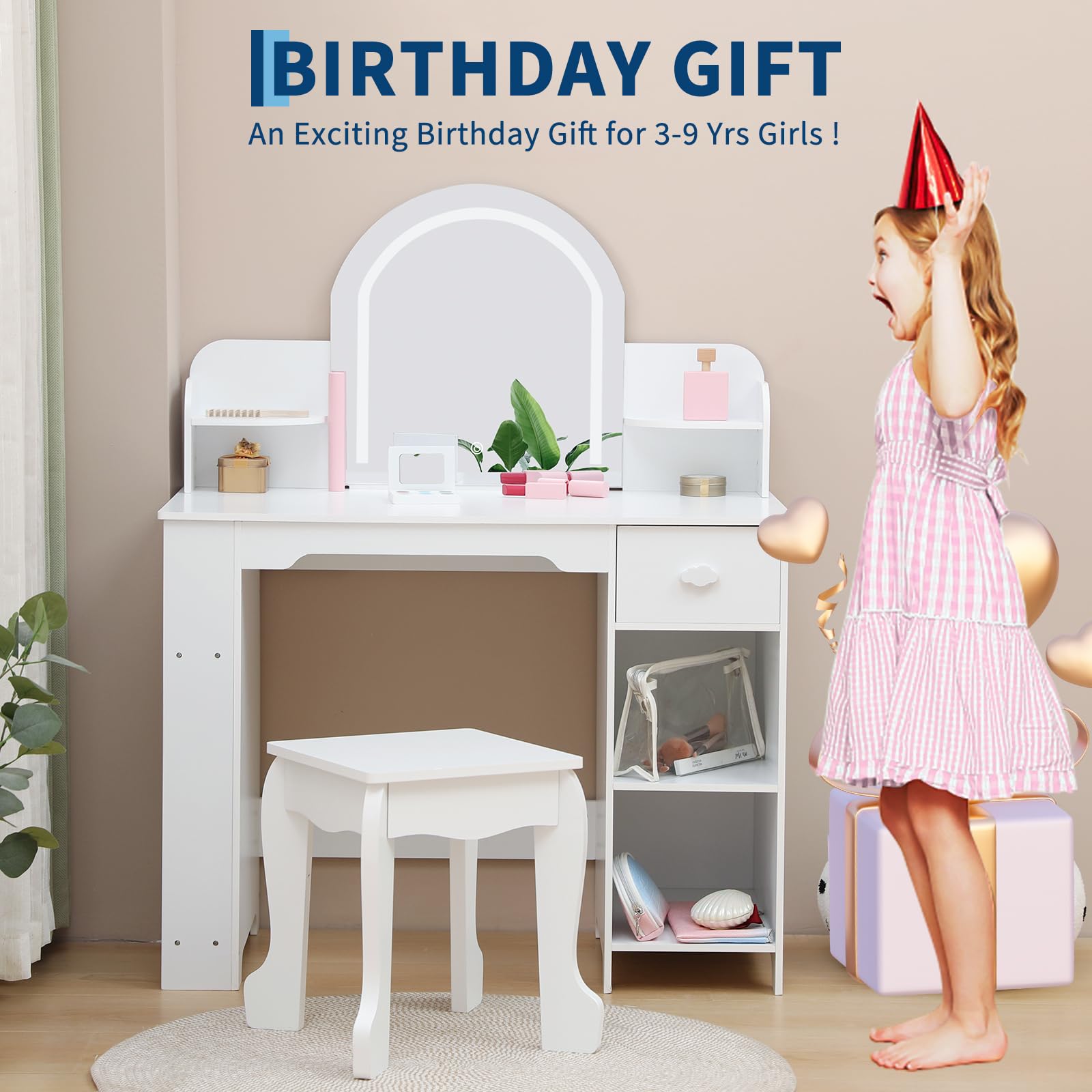 Tavolo da toeletta per bambini Garvee con luce LED e sgabello, regolabile, MDF, bianco, per bambine dai 3 ai 9 anni, sala giochi e camera da letto