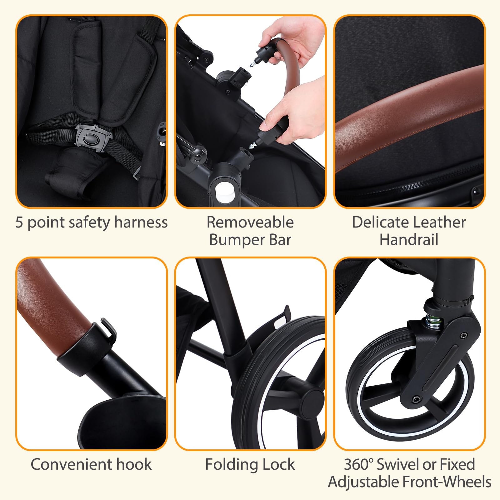 Passeggino GARVEE 3 in 1, pieghevole con una sola mano, navicella, set passeggino fino a 26 kg con posizione reclinabile regolabile, ampia capottina estensibile, nero