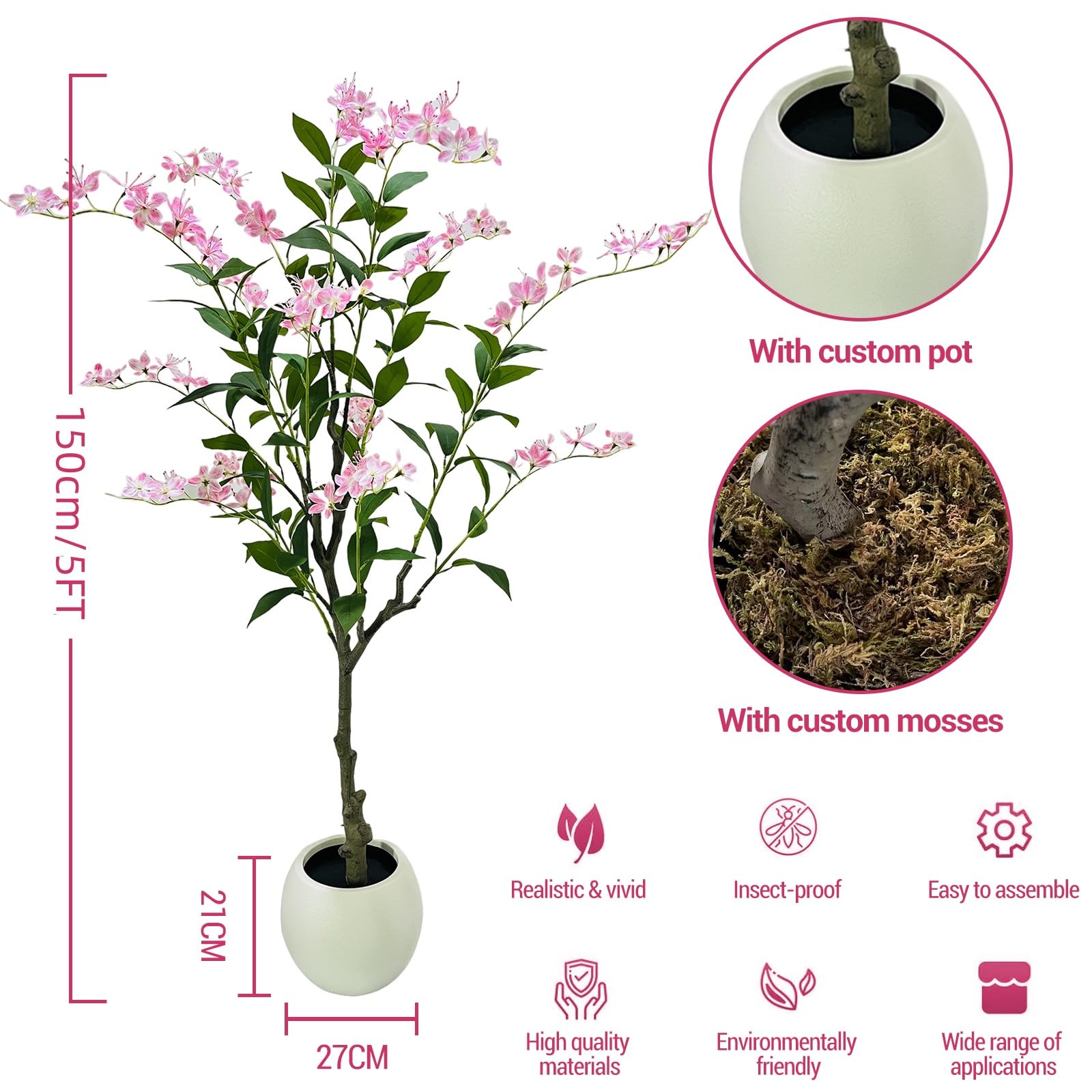 Albero di gelsomino artificiale Garvee grande con vaso bianco per casa, soggiorno, camera da letto, ufficio, giardino, rosa