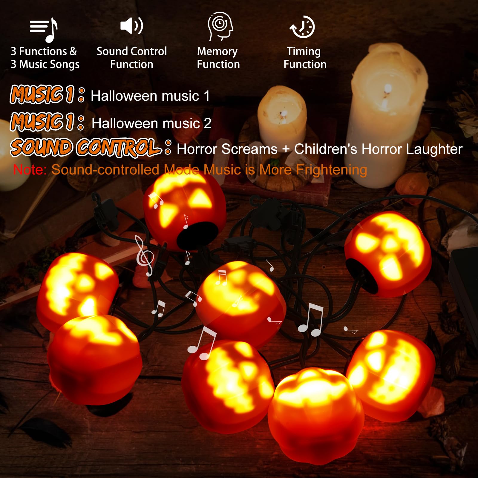 GARVEE Luci di Halloween a forma di zucca animatronica con connessione di tipo C per feste e celebrazioni in famiglia all'aperto, 4,5 metri, arancione