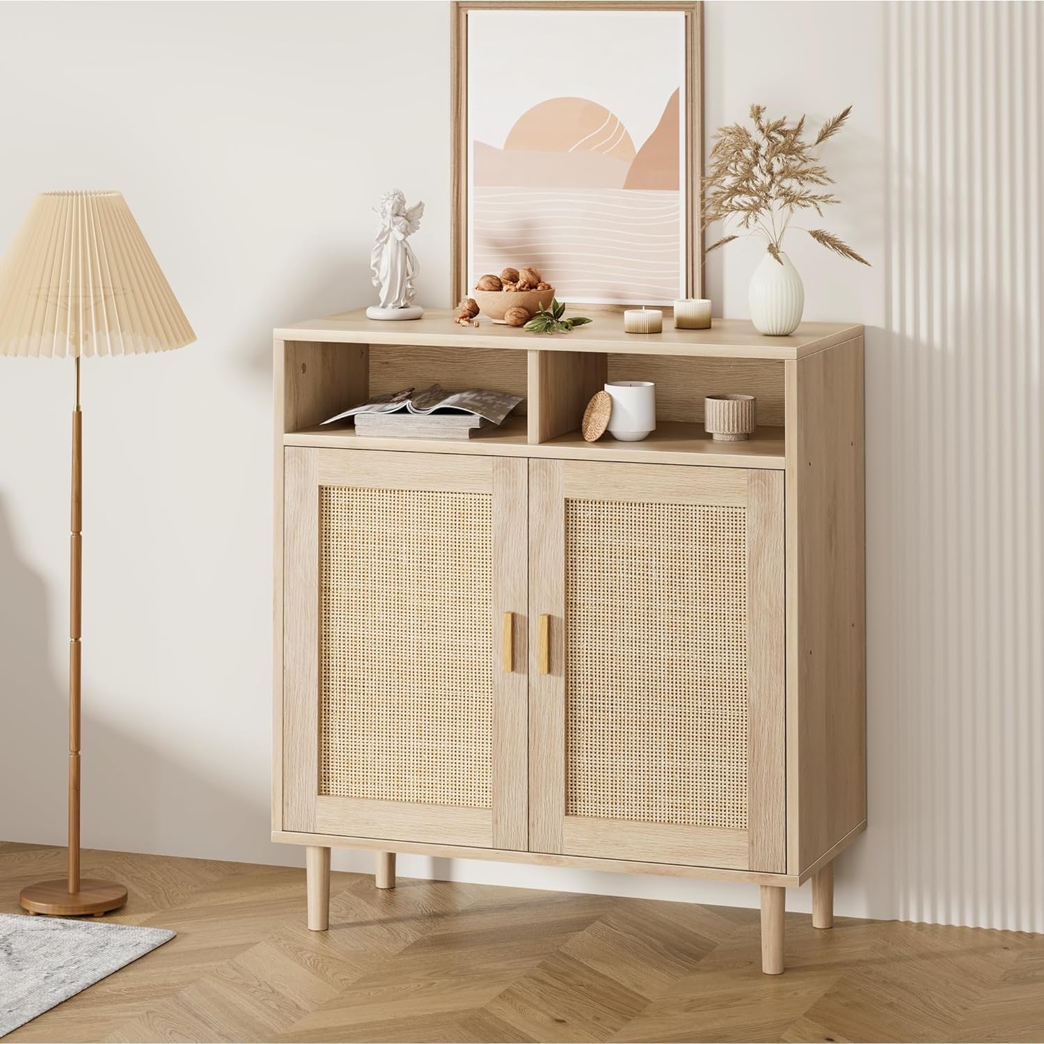 Credenza moderna in rattan Garvee da 36" - Intrecciata a mano, antiribaltamento, con ripiano regolabile, mobile da cucina e sala da pranzo, multifunzionale, colori naturali