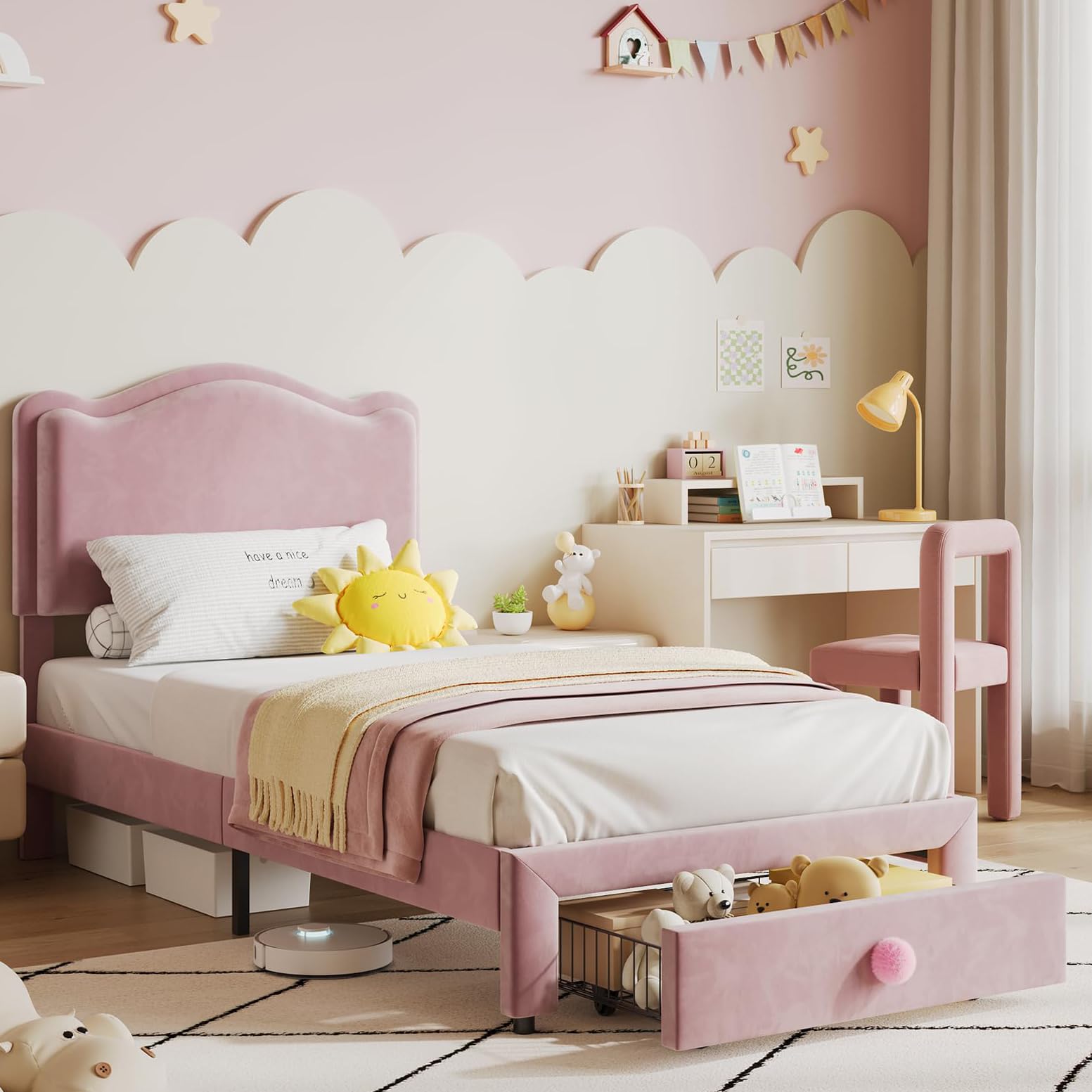 Struttura per letto singolo imbottita Garvee con contenitore e testiera a conchiglia per cameretta dei bambini, rosa, cassetto 25,6" x 16,9", spazio sottoletto 6,3"