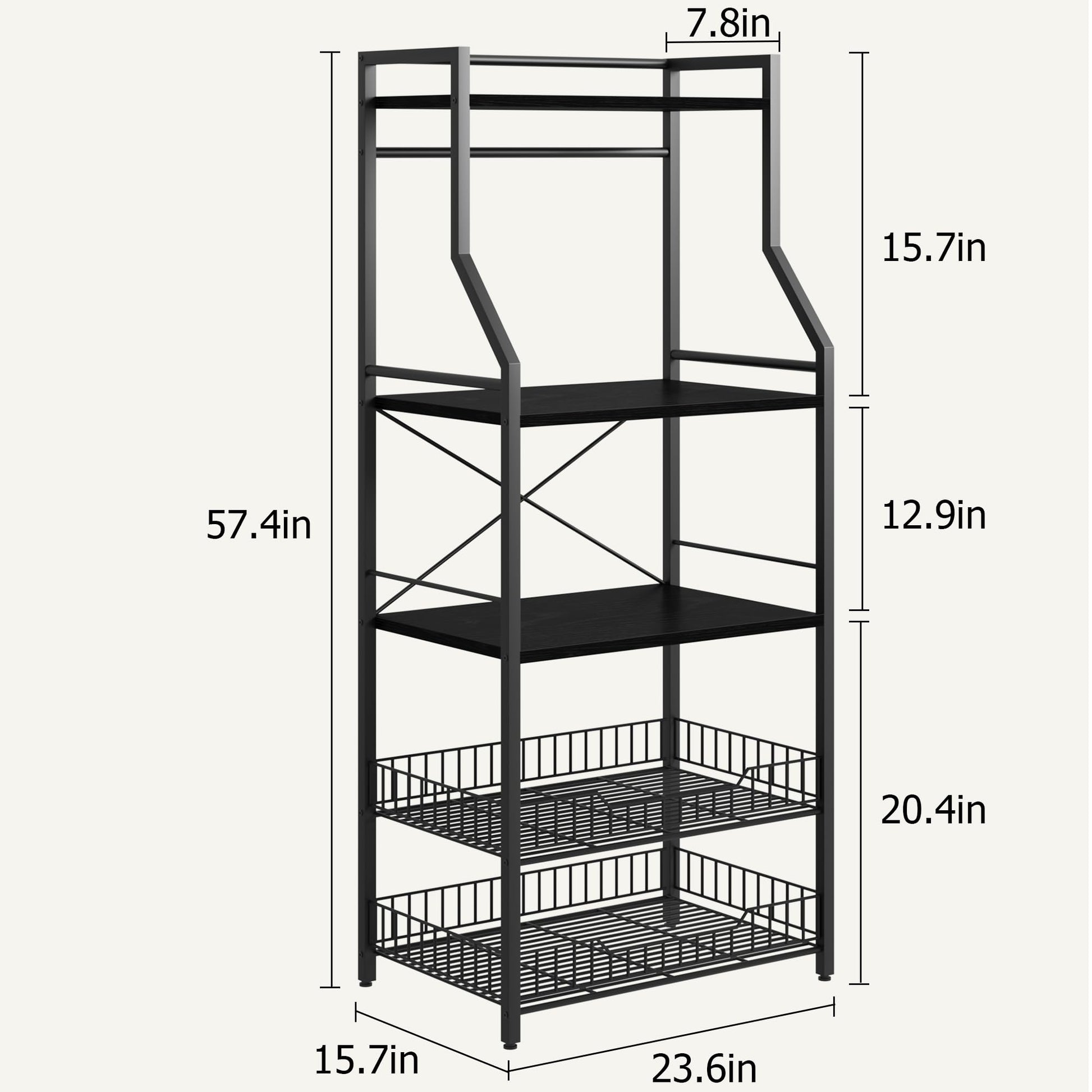 Scaffale da cucina Garvee Bakers Rack con 5 ripiani, 2 cestelli in filo metallico, 8 ganci, robusto MDF e acciaio, nero rustico, versatile per cucina e bar