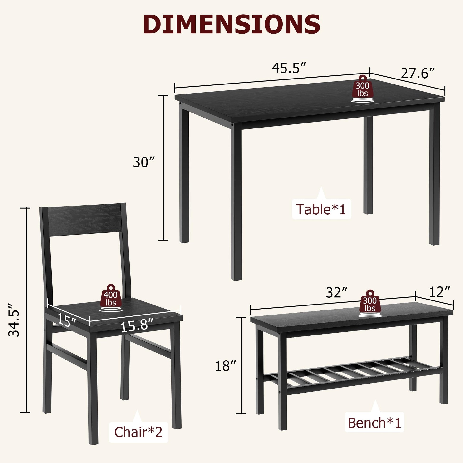 Set da pranzo Garvee per 4 persone con panca e sedie, salvaspazio, con contenitore, MDF e acciaio, robusto, nero, piccoli appartamenti