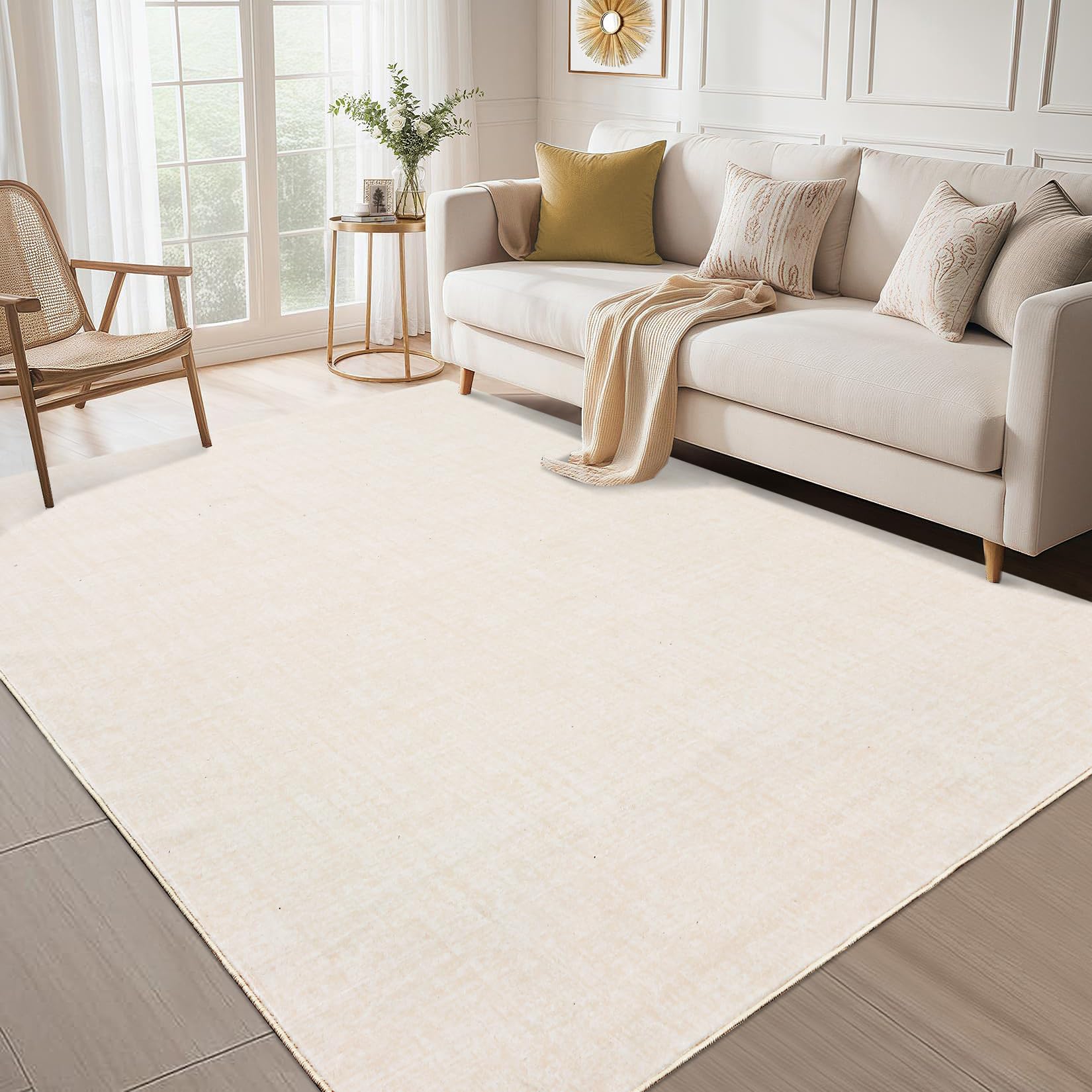Tappeto Garvee lavabile 8x10 per soggiorno e sala da pranzo, moderno, antiscivolo, antimacchia, beige, pelo corto, poliestere