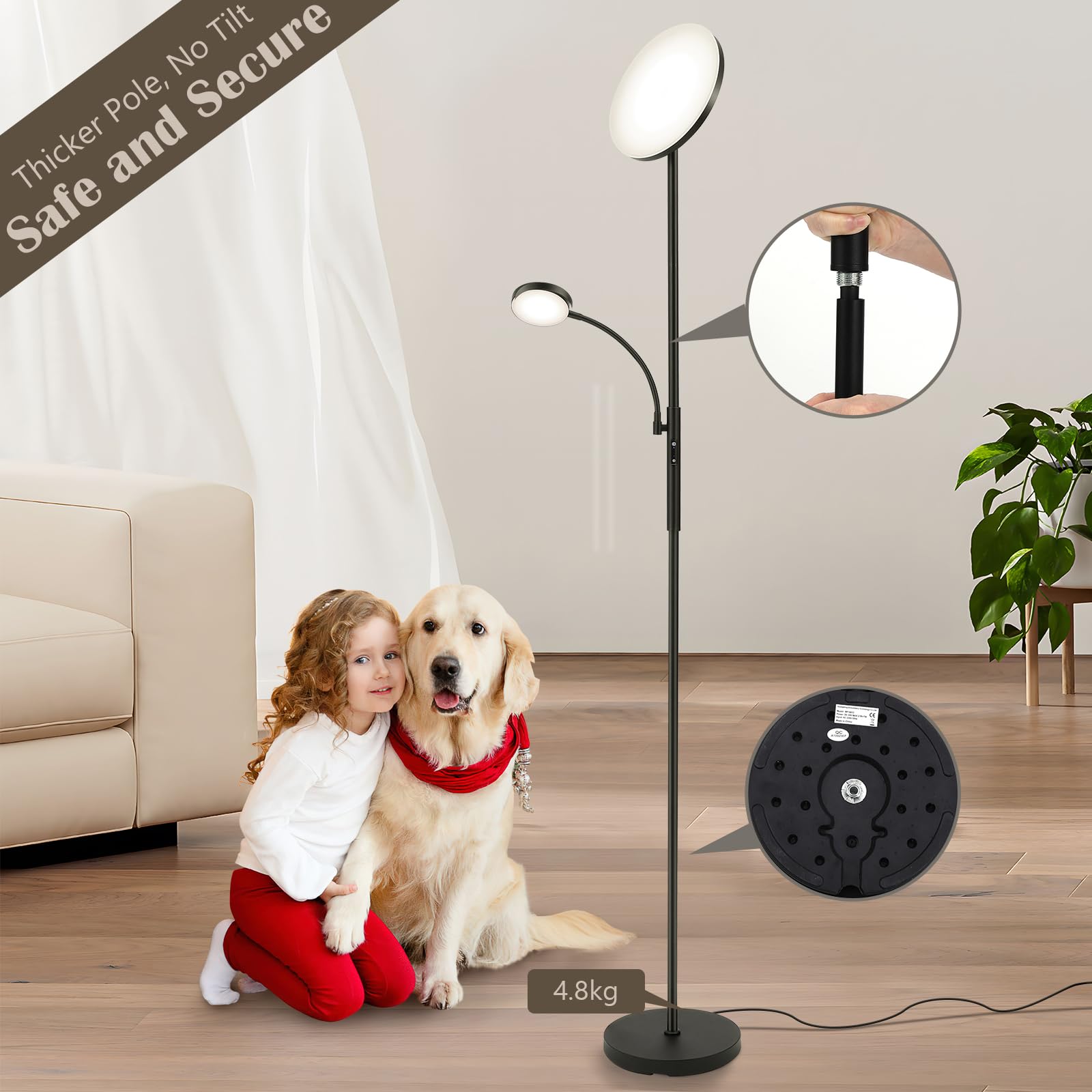 Lampada da terra a LED GARVEE, dimmerabile con luce di lettura, per soggiorno, camera da letto, ufficio, 175 cm, nero