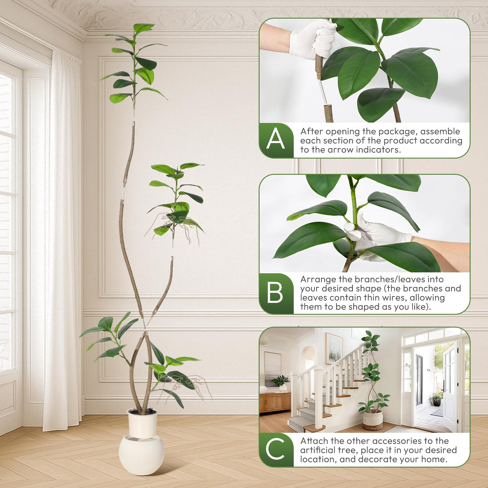 Albero di gomma artificiale Garvee da 7 piedi con vaso in resina bianca, resistente ai raggi UV, durevole, realistico, decorazione per interni, grande pianta da pavimento