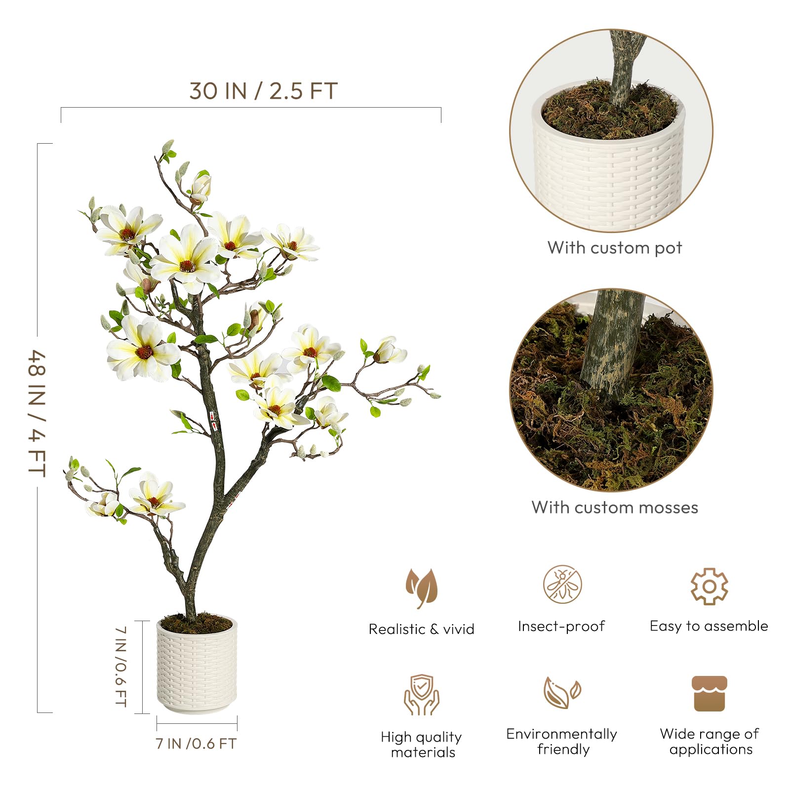 Albero di magnolia artificiale Garvee, 4 piedi, bianco, con rami regolabili, per uso interno ed esterno, ufficio e casa, materiale di alta qualità, base stabile