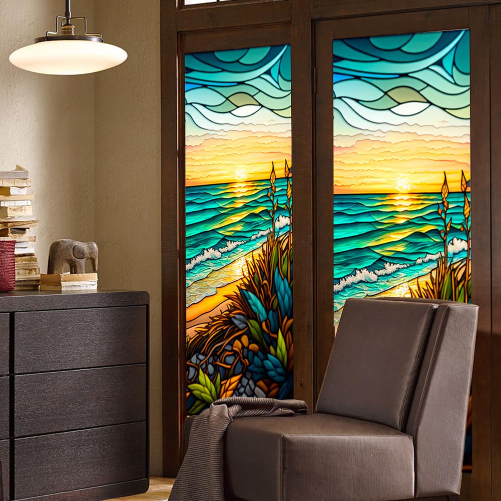 Pellicola per finestre in PVC Garvee con motivo tramonto sul mare, 45x100 cm, colorata, non adesiva, riutilizzabile, per soggiorno e ufficio
