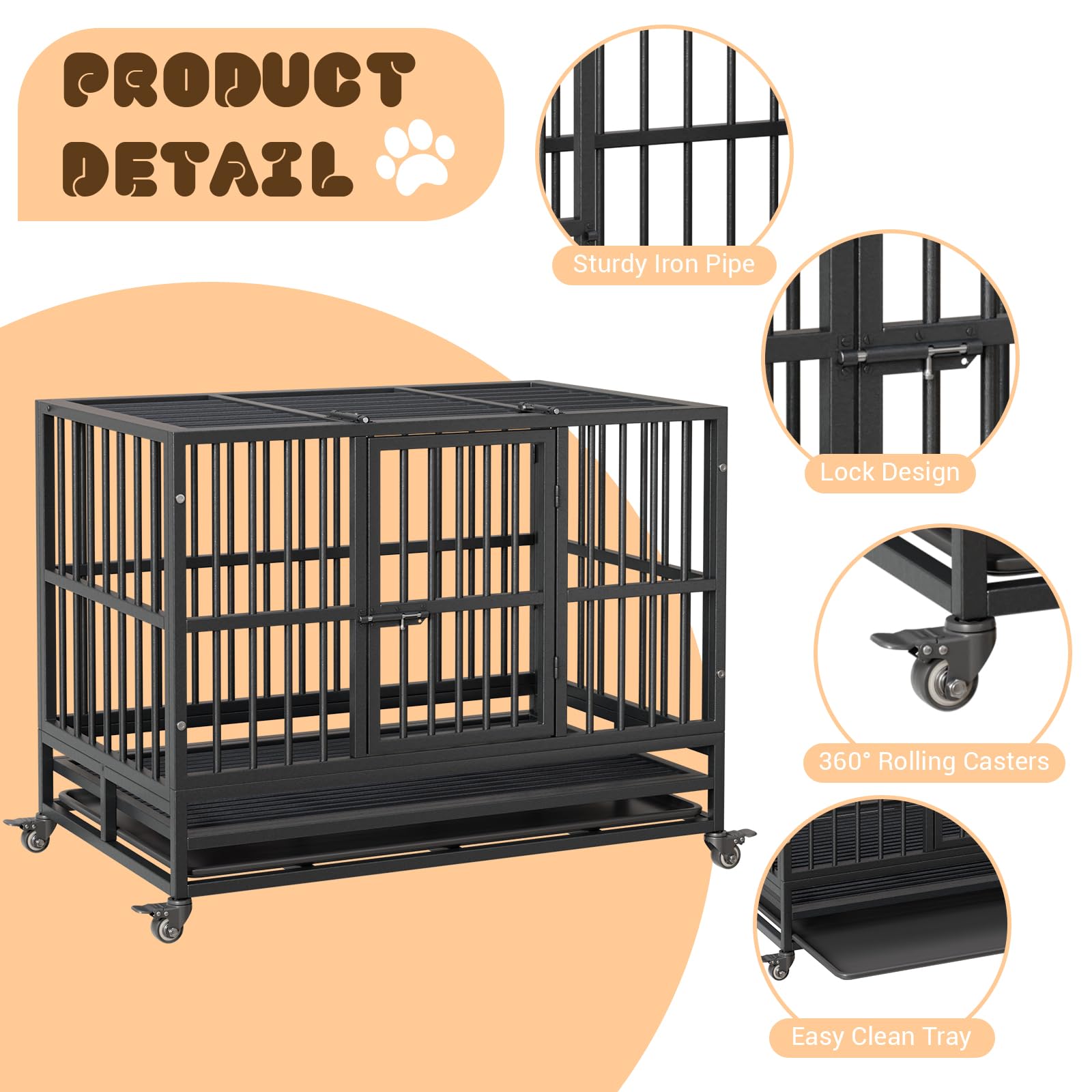 Garvee Heavy Duty Dog Crate 37 pollici con doppia porta, ruote girevoli a 360°, metallo, pieghevole, per cani di piccola e grande taglia, per interni