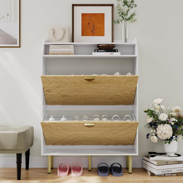 Scarpiera Garvee con 2 cassetti a scomparsa, organizer per scarpe stretto per corridoio e ingresso, legno bianco, indipendente, robusto, salvaspazio