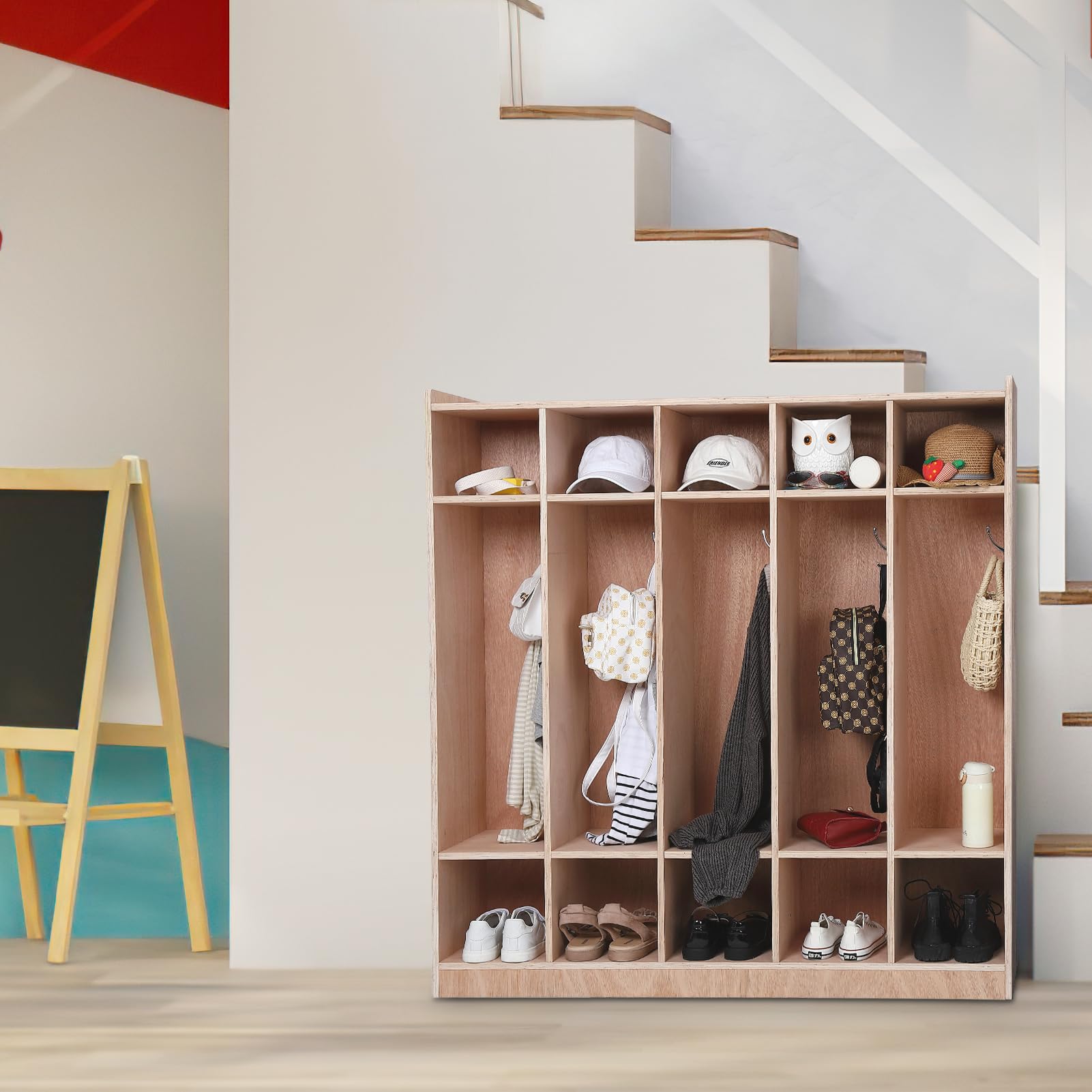 Armadio guardaroba Garvee a 5 sezioni con 10 scomparti, kit antiribaltamento, 4 ruote, 5 ganci, compensato per scuola e asilo, 54x13x48 pollici, legno naturale