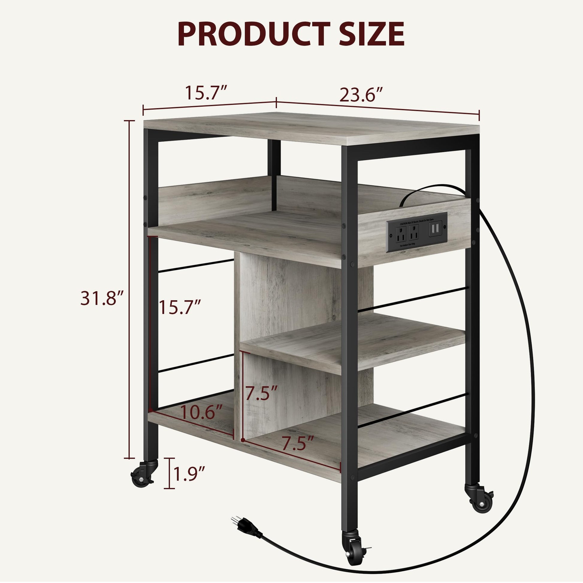 Supporto per stampante mobile Garvee di grandi dimensioni con prese di corrente e USB, struttura in metallo a 4 livelli, pannello in MDF, ruote con freni, grigio rustico, ufficio e soggiorno, 23,66"x15,76"x31,86"