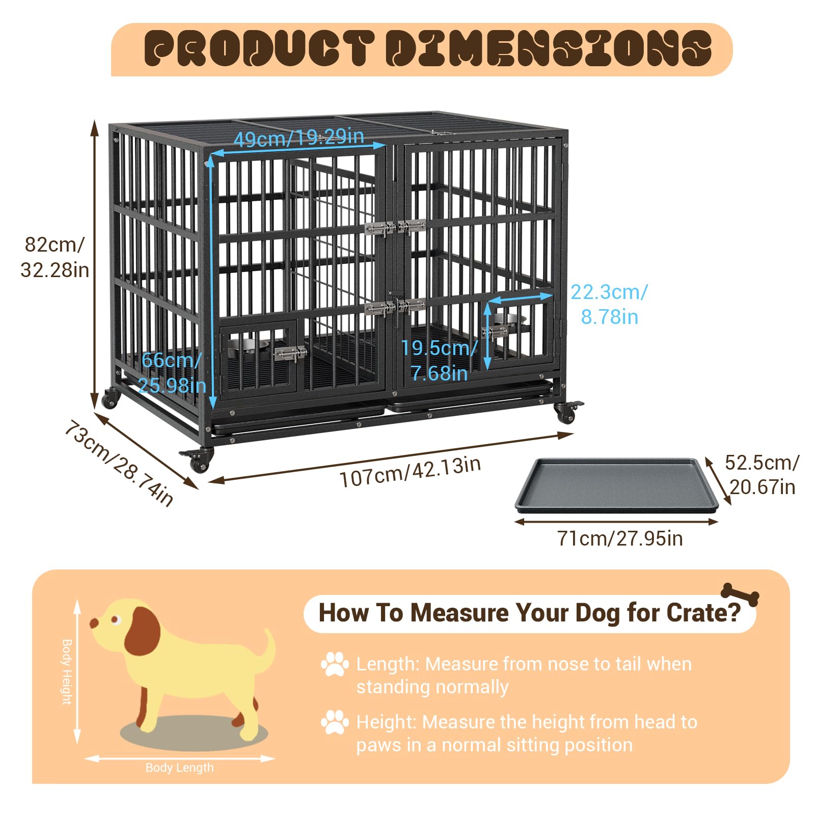 Garvee Heavy Duty Dog Crate da 42 pollici con doppia porta, ruote girevoli a 360°, struttura in metallo, vassoio rimovibile, divisorio, uso interno per cani di piccola e grande taglia, nero
