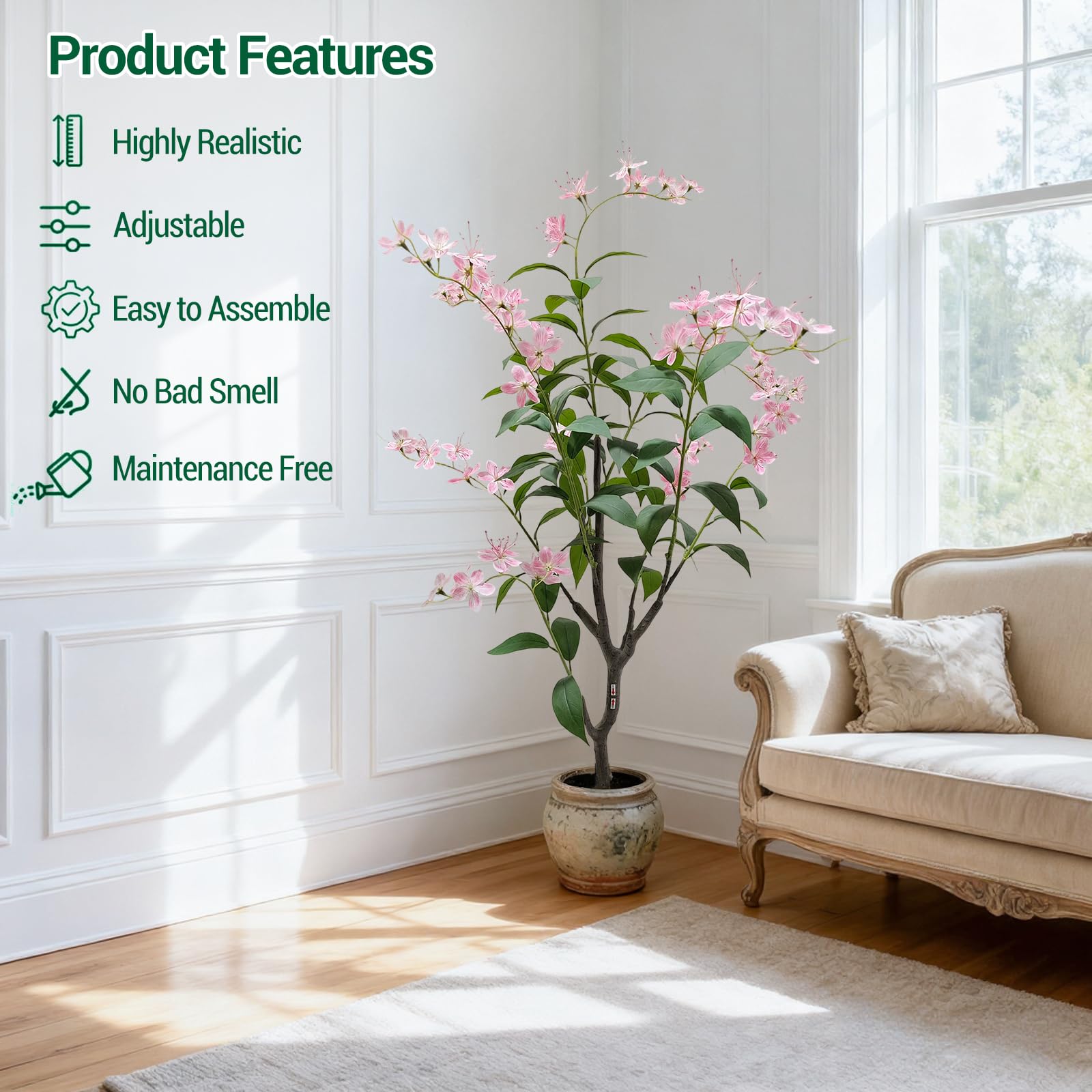 Albero di gelsomino artificiale Garvee grande con vaso bianco per soggiorno, camera da letto, ufficio, giardino, fiori rosa, resistente alle intemperie