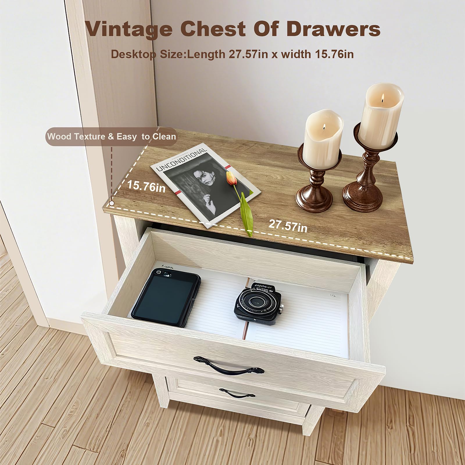 Cassettiera vintage in legno a 5 cassetti Garvee, impermeabile e robusta, con ancoraggi a parete per camera da letto e soggiorno, 15,7"x27,5"x44,8" marrone