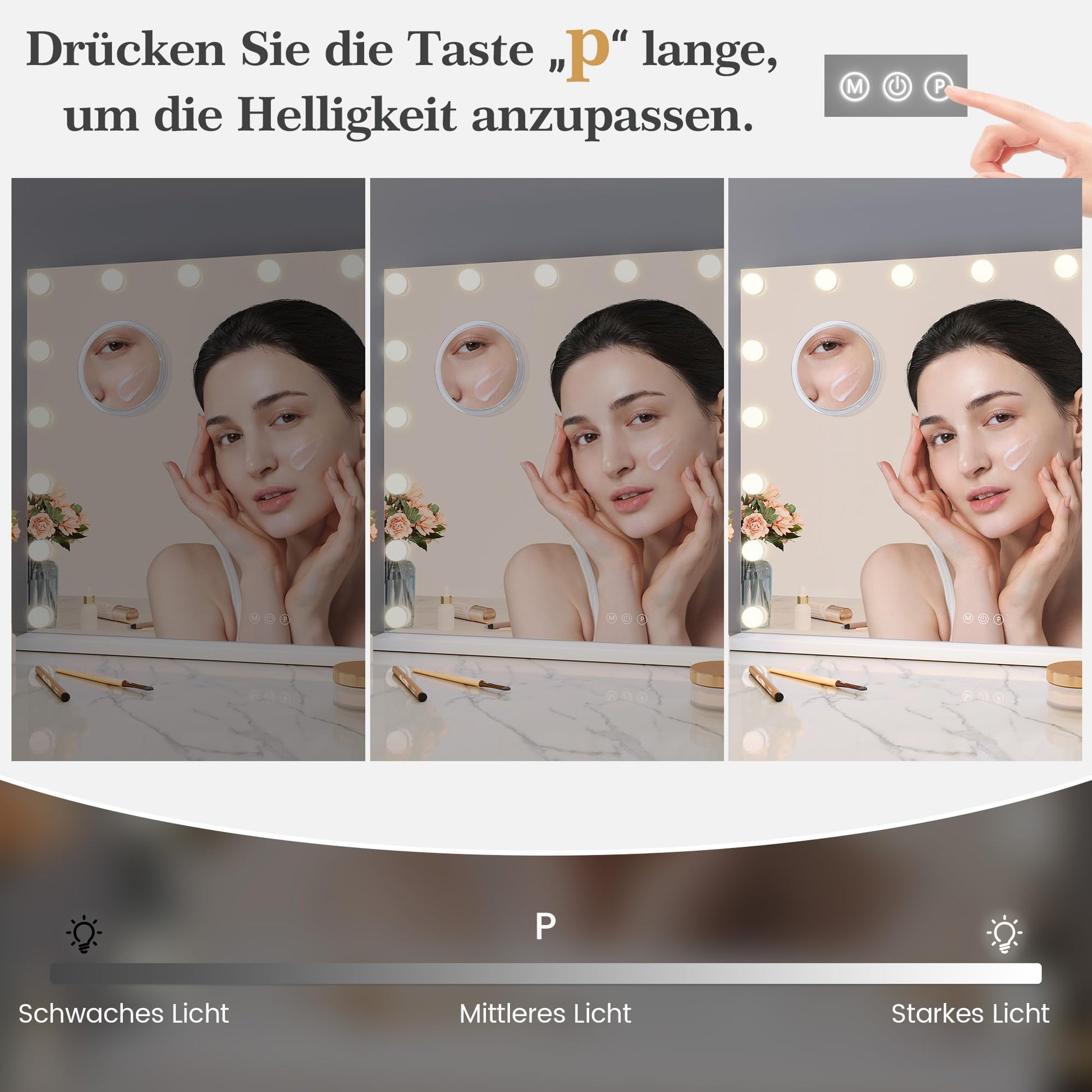 Specchio per il trucco Garvee Hollywood 80 x 60 cm con 17 luci LED e touch, bianco, per trucco professionale