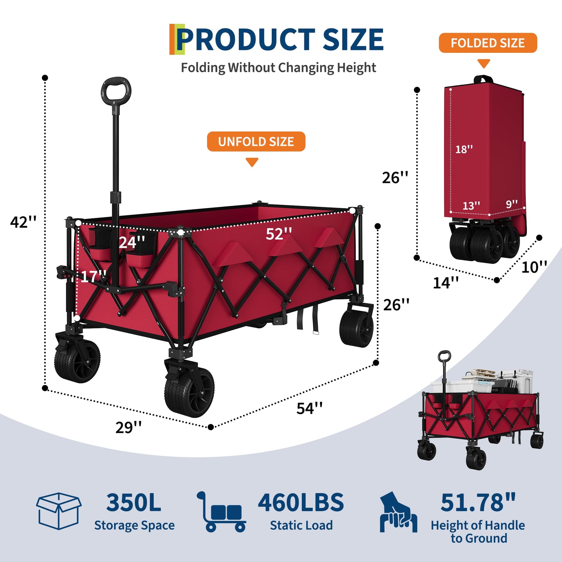 Carrello da spiaggia pieghevole Garvee con ruota fissata a tutti i terreni, telaio in acciaio da 7", capacità di carico di 350 libbre, portatile, 54"x28,7"x42", spiaggia e attività all'aperto, pieghevole, blu