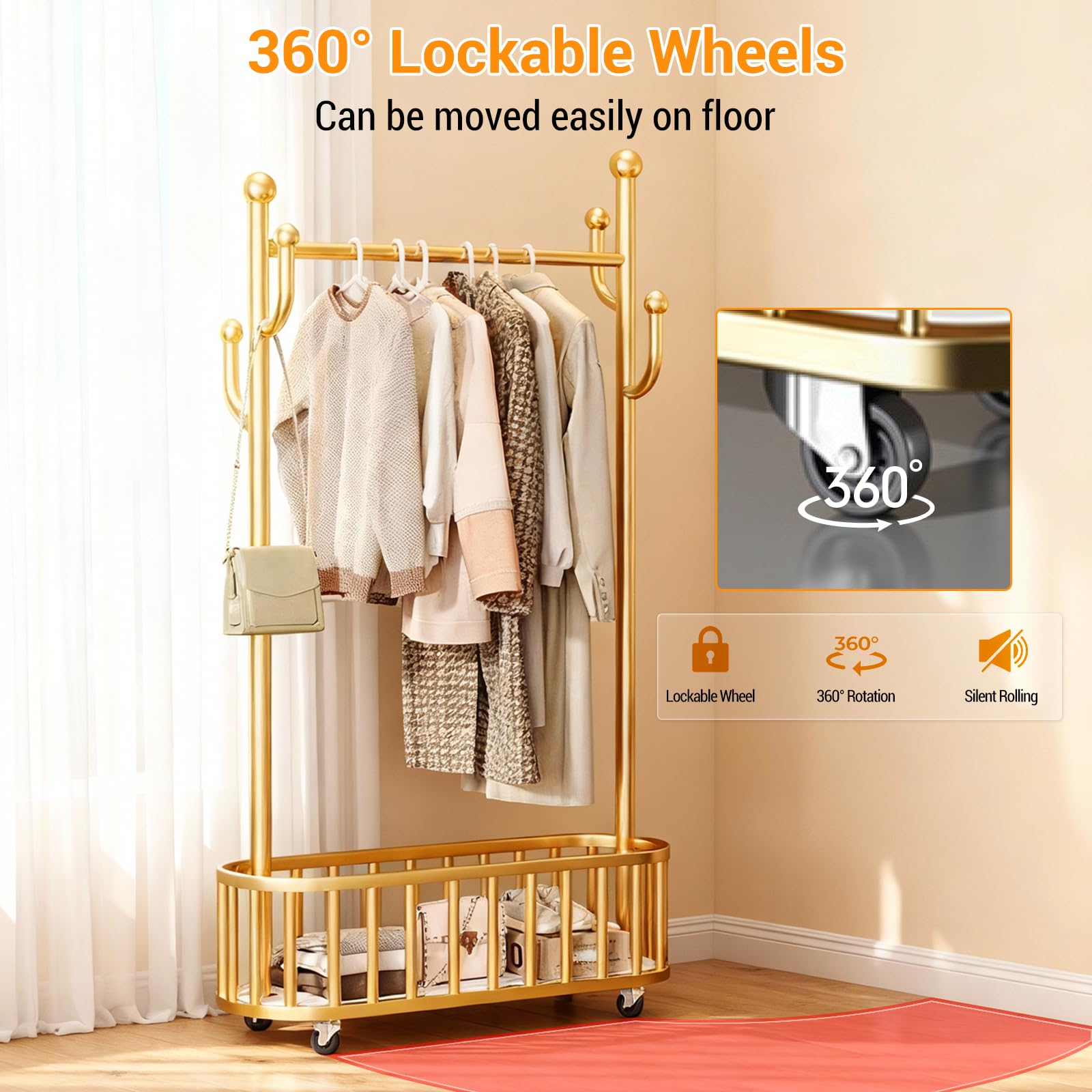 Appendiabiti in metallo Garvee con ruote e cestino per camera da letto e ufficio, 39,37x68,9 pollici, nero