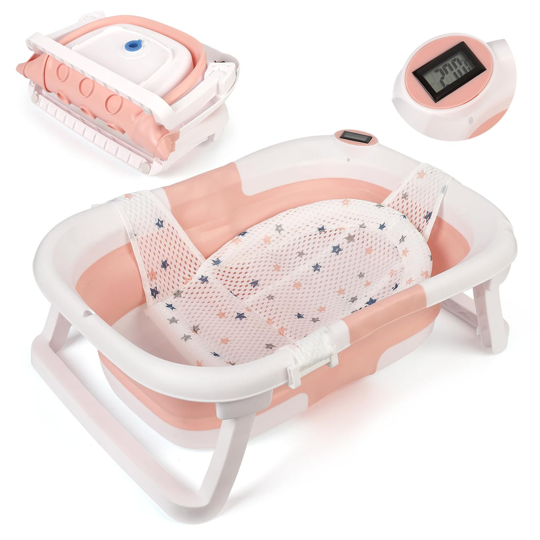 GARVEE Vasca da bagno per neonati, pieghevole, salvaspazio, con termometro e tappetino antiscivolo per neonati e bambini piccoli, rosa
