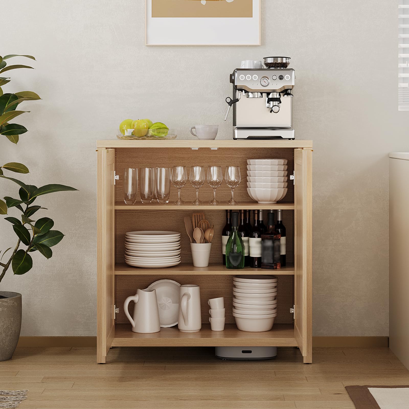 Credenza da cucina Garvee Farmhouse con ante in rattan, ripiani regolabili, legno, ampio spazio di archiviazione, corridoio e sala da pranzo, colori naturali